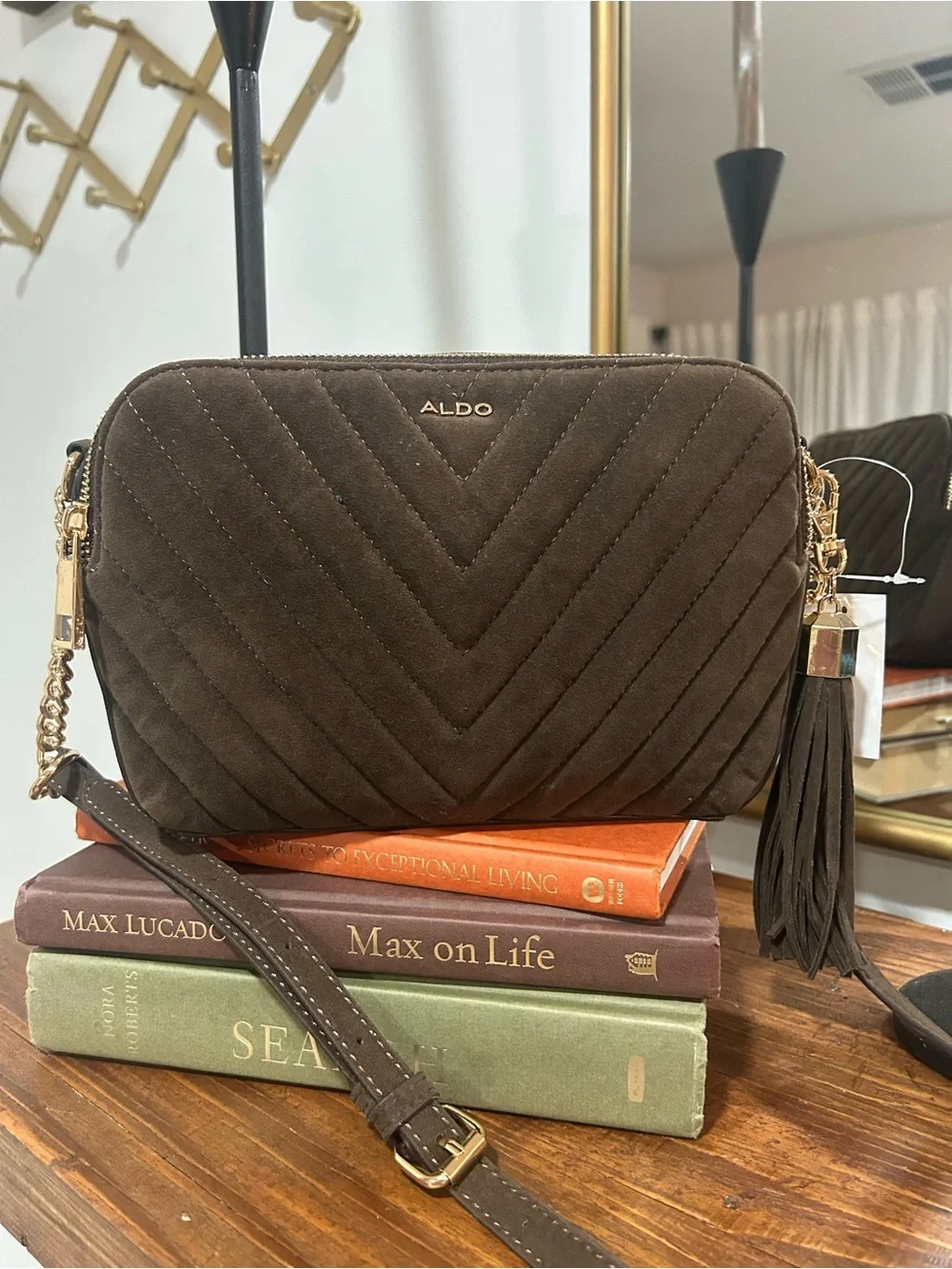 ALDO Dark Brown Quilted Crossbody Bag with Tassel